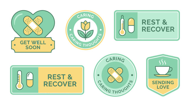 Cheerful Health Recovery Stickers for Rest and Wellness. Vector Illustrations. EPS Editable