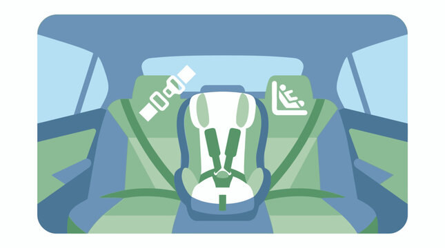Child Safety Car Seat in Backseat of Vehicle with Seatbelts and ISOFIX Symbol. Vector Illustrations. EPS Editable
