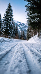 Obraz premium Snowy forest road leading into mountains during winter representing travel, nature and cold seasonal landscape