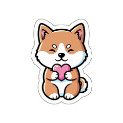 Obraz premium This kawaii cute sticker showcases an adorable Shiba Inu holding a heart, provided as a versatile SVG vector graphic, perfect for digital projects