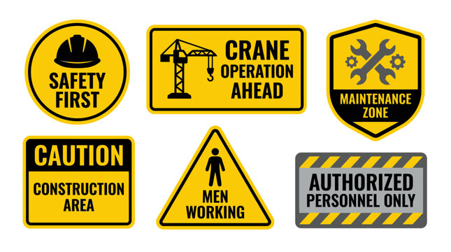 Construction and Safety Warning Signs Collection. Vector Illustrations. EPS Editable