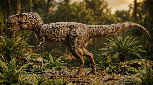 Abelisaurus (Abelisaurus comahuensis) dinosaur in jungle, proud and powerful mood, prehistoric nature