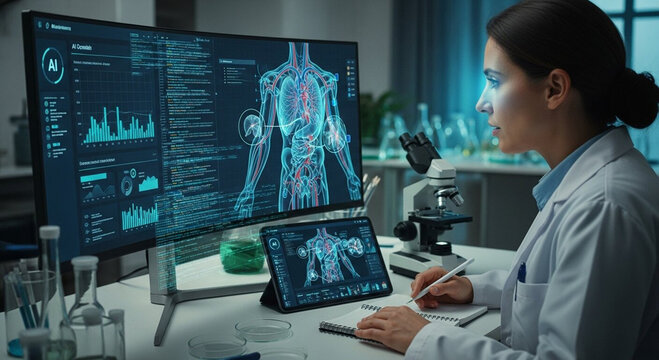 Female scientist analyzes complex biological data concerning the human circulatory system displayed on large monitors and a tablet device.