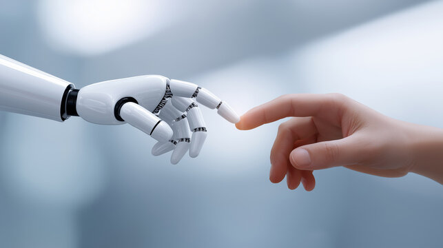 Human hand touching robotic finger symbolizing connection between human and artificial intelligence technology