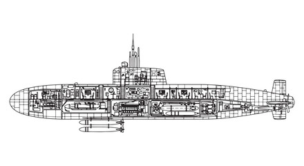 Fototapeta premium Submarine Cutaway Blueprint Showing Interior Cross-Section, Control Room, Crew Compartments and Torpedo Bay