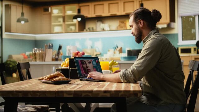 Graphic designer photo editor, visual content on laptop, remote work lifestyle, image retouching, gradient design, exposure correction, and professional editing tools, stock photography.