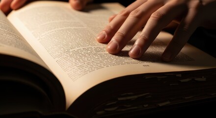Fototapeta premium Close up of male hands reading an ancient bound book, study and culture