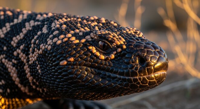 Close up of a Gila monster, Heloderma suspectum, venomous reptile in the desert at sunset