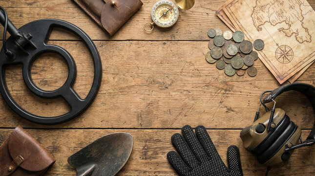 Metal detecting tools and treasures on a wooden table during an afternoon