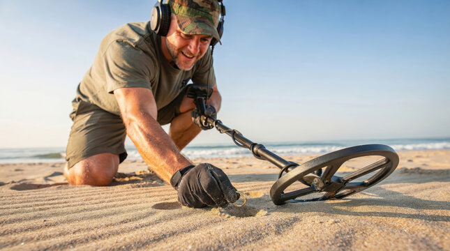 Man uses metal detector on beach during sunny day to find lost items and treasures along the shore