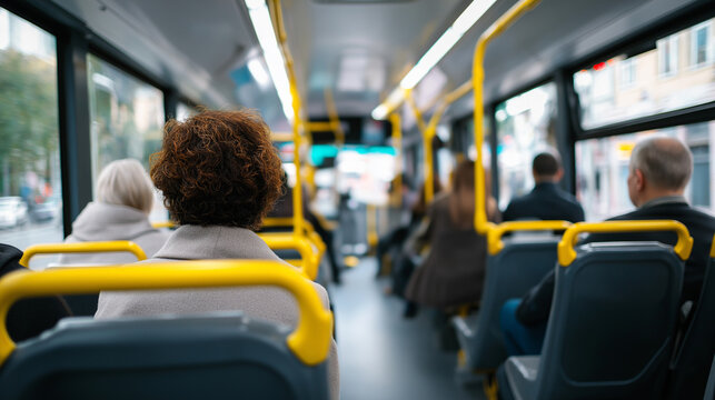 Passengers sitting inside public transport bus with blurred interior representing daily commute and urban mobility