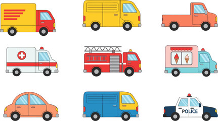 Vehicle, transport, cartoon, icons, cars, trucks, ambulance, firetruck, police, van, delivery, icecream, emergency, flat, vector, city, transportation, illustration, colorful, set © Mst
