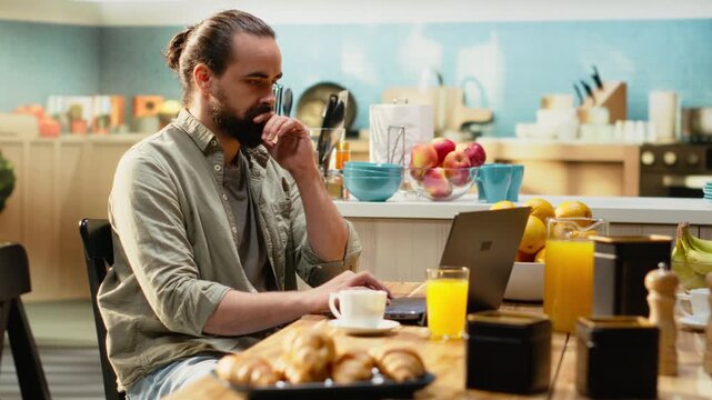 Person thinking carefully and working from home on laptop, reflection and problem solving support strategic planning in remote work. Focused concentration and technology for productivity.