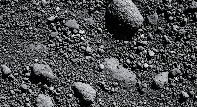 A high angle shot of a rough and textured volcanic ground surface covered with scattered grey rocks