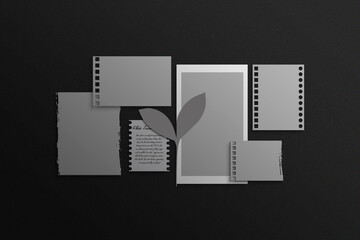 Creative composition of paper sheets and notebooks with handwritten notes