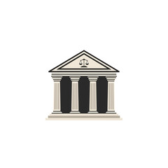Obraz premium Flat vector icon of a classical courthouse building with pillars and a scale of justice, symbolizing law, order, legal system, and government authority