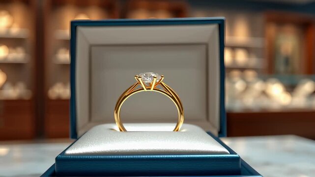 Close up of brilliant diamond engagement ring in gift box. Luxurious yellow gold band sitting on marble counter in jewel store