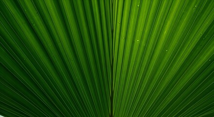 A close up macro shot of a vibrant green palm leaf with symmetrical lines and subtle water droplets © Oriel-team