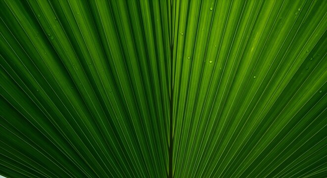 A close up macro shot of a vibrant green palm leaf with symmetrical lines and subtle water droplets
