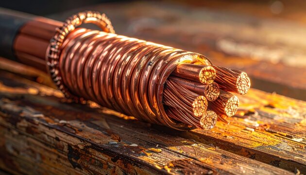 Coiled thick copper wiring, tightly wound with visible oxidization and shiny new strands, rests on a rustic wooden surface in a warm workshop setting.