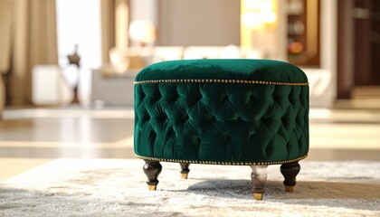 Fototapeta premium Elegant emerald green velvet tufted ottoman with gold trim and carved legs