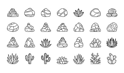 Desert rock and cactus outline vector set with landscape stones and succulent plants © Rimu