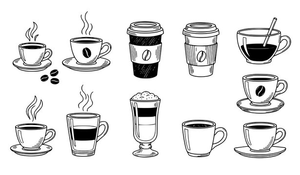 Coffee cups hand drawn doodle vector set with steaming mugs espresso cups and cafe drink icons