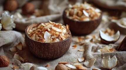 Toasted coconut flakes in coconut shell bowls on rustic fabric