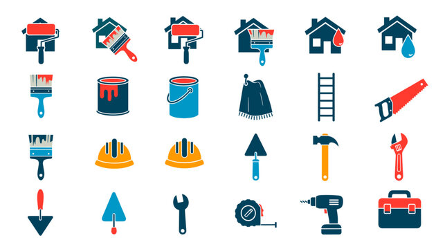 Variety of construction and home renovation tools colorful and creative icons