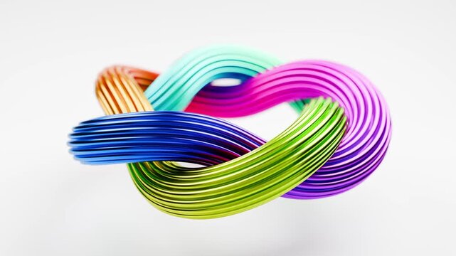 Abstract 3D illustration of a colorful, intertwined ribbon loop forming a geometric knot. Multiple glossy strands flow together in a circular shape, creating a star-like loop with a rainbow gradient.