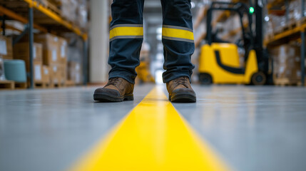 Obraz premium Warehouse worker standing on yellow safety line in industrial logistics environment representing workplace safety.