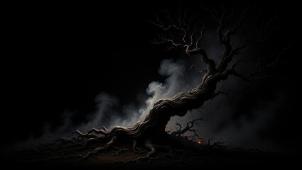 Fototapeta premium Gnarled Tree with Eerie Smoke and Glowing Roots