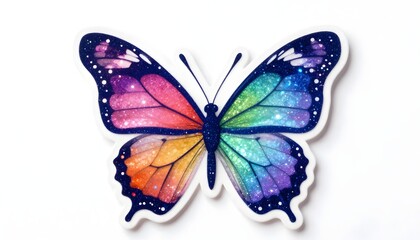 Fototapeta premium Vibrant galaxy butterfly sticker with iridescent wings and starry details on white background