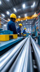 Obraz premium Workers in helmets operating modern production line in industrial factory manufacturing environment.