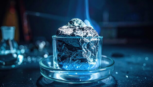 Glistening reactive sodium metal preserved in a transparent beaker, maintained under inert gas for advanced chemical research and observation.