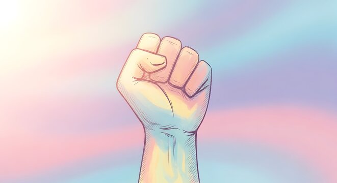 Fist raised with transgender pride colors, symbolizing unity and equality