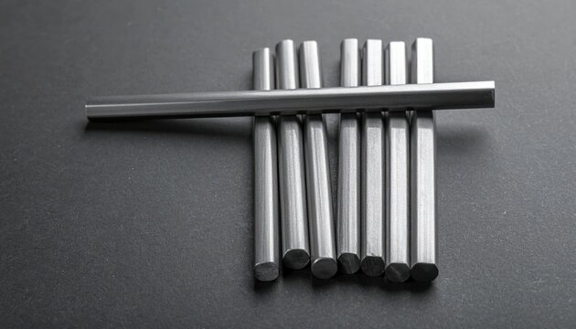 Polished graphite rods of varying lengths arranged geometrically on a textured surface.