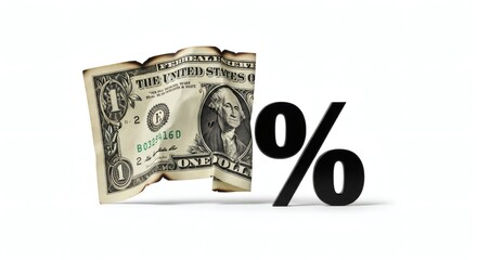 Wrinkled One Dollar Bill with Percentage Sign Symbolizing Debt or Discount