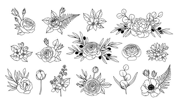 A set of elegant floral illustrations in a minimalist line art style