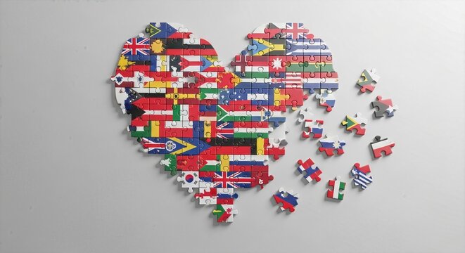 Heart shaped puzzle made of world flags, concept of global unity, peace and international cooperation, diverse nations