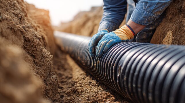 Construction worker installs black corrugated drainage pipe in trench at outdoor site under natural light