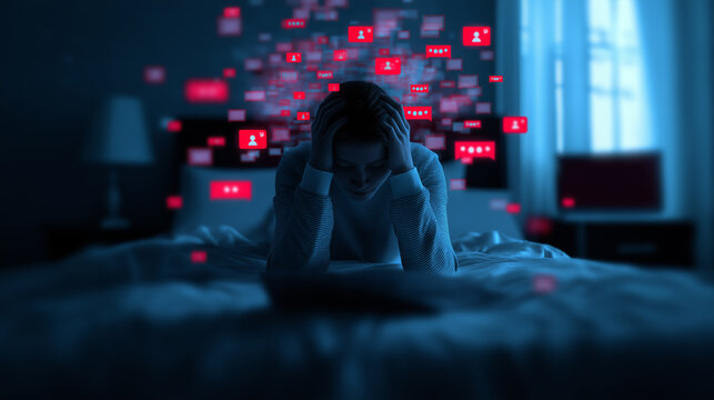 Woman overwhelmed by social media notifications at night lying in bed symbolizing digital addiction and mental overload.