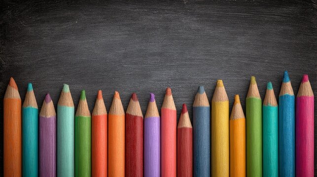 Colorful pencils frame a dark classroom chalkboard with a textured surface and clean layout for learning and creativity