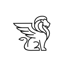 Naklejka premium Stylized Winged Lion Logo Design. Modern Monoline Outline of a Mythical Griffin Sitting. Elegant Graphic for Branding or Emblem.