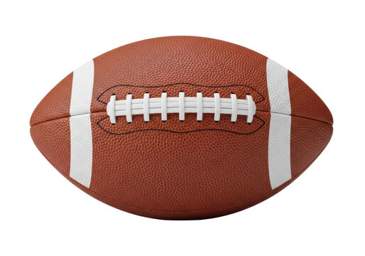 A regulation size classic American football of warm brown leather with pebbled texture and white laces, isolated against a pristine transparent background with soft diffused studio lighting,