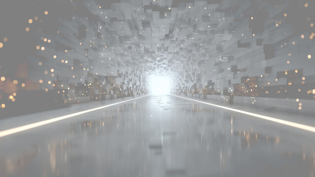 光の滑走路が伸びる未来的なトンネル