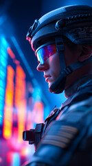Naklejka premium Soldier in helmet with digital financial chart background symbolizing geopolitical risk and market impact.
