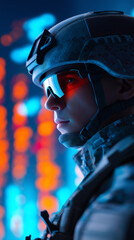 Naklejka premium Soldier in helmet with digital financial chart background symbolizing geopolitical risk and market impact.