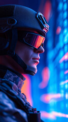 Naklejka premium Soldier in helmet with digital financial chart background symbolizing geopolitical risk and market impact.