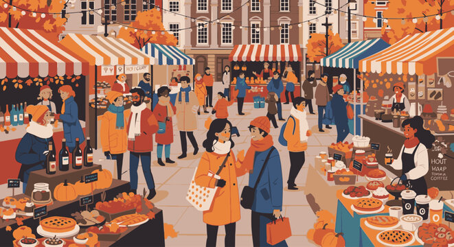 Vibrant outdoor market scene with people shopping and socializing among food stalls and colorful awnings in a lively urban setting with warm tones.